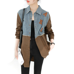 Seoul Weekly's designer patchwork mid-length denim letter striped shirt