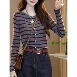 Striped round neck knitted long-sleeved versatile top