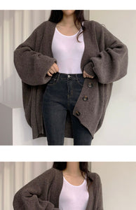 Casual V-neck single-breasted loose lantern sleeve knitted cardigan sweater