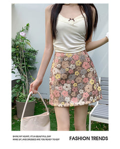 Hot girl style floral sequined high-waisted slimming hip-hugging A-line skirt
