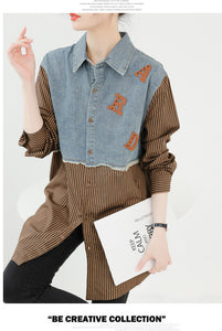 Seoul Weekly's designer patchwork mid-length denim letter striped shirt