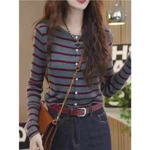 Striped round neck knitted long-sleeved versatile top