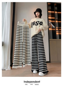 Striped fringed knitted casual wide-leg pants