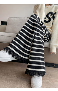 Striped fringed knitted casual wide-leg pants