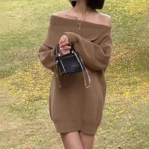 Loose, lazy and versatile one-shoulder mid-length sweater dress