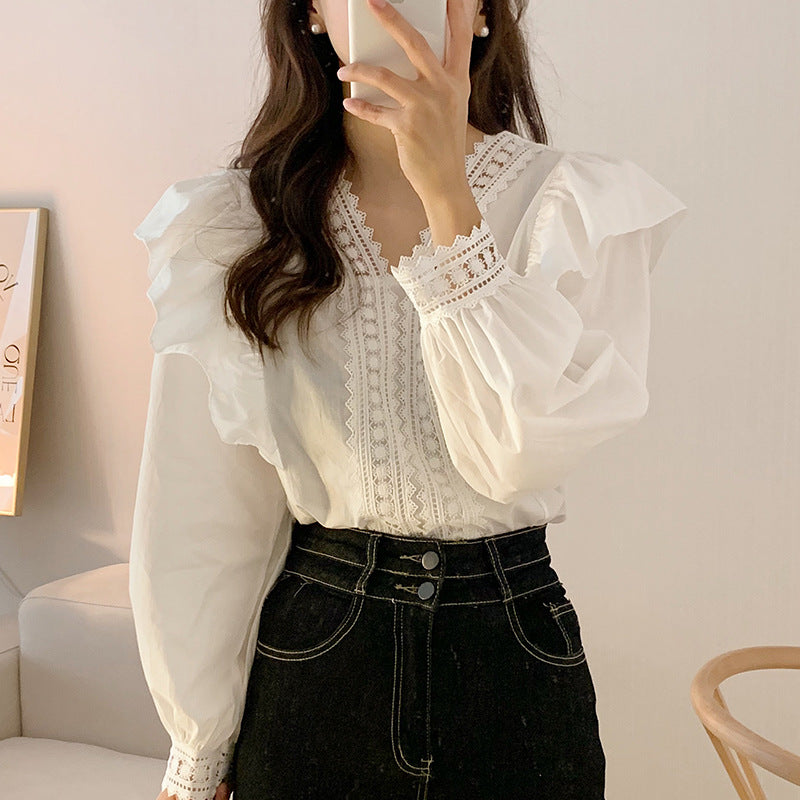 Elegant lace V-neck spliced with ruffles, loose casual puff sleeve lining