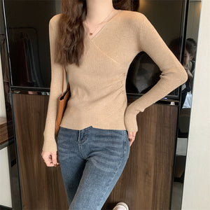 V-neck crossover sexy solid color slim long-sleeved sweater