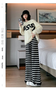 Striped fringed knitted casual wide-leg pants