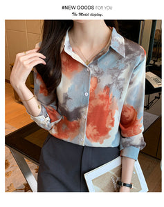 Retro lapel long-sleeved printed tie-dye style shirt commuter top