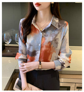 Retro lapel long-sleeved printed tie-dye style shirt commuter top