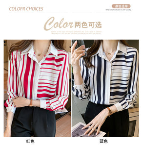 Long-sleeved irregular striped POLO collar elegant OL chiffon shirt