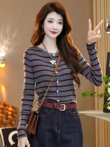 Striped round neck knitted long-sleeved versatile top