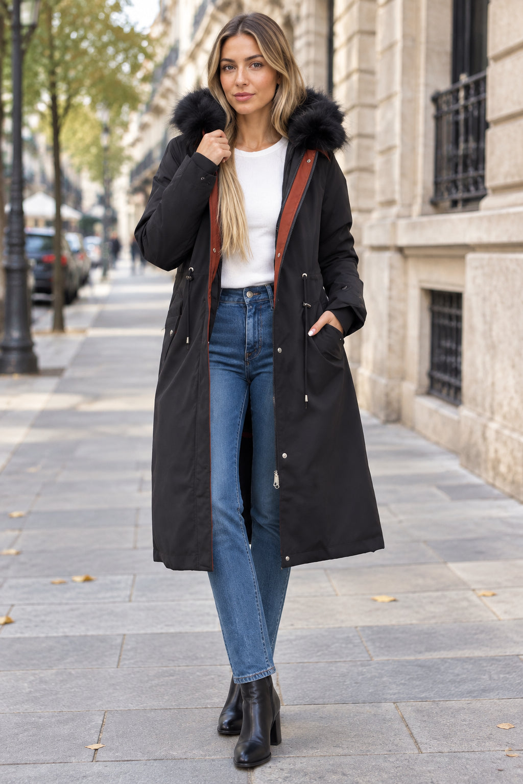Abigail | Sophisticated Long Hooded Winter Coats with Plush Trim