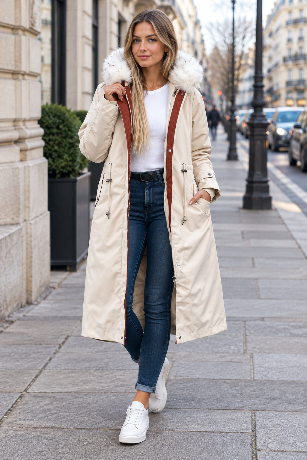 Abigail | Sophisticated Long Hooded Winter Coats with Plush Trim