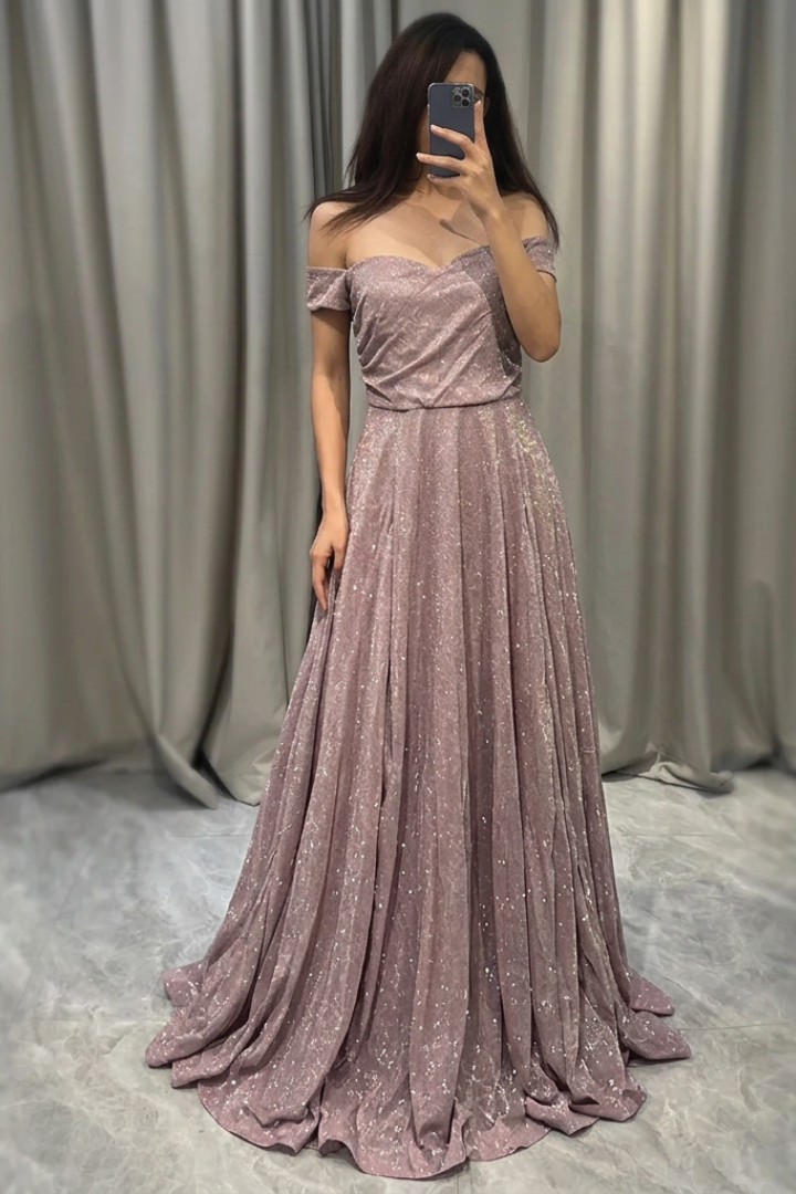 Abigail | Timeless Off-Shoulder Glitter A-Line Holiday Dress