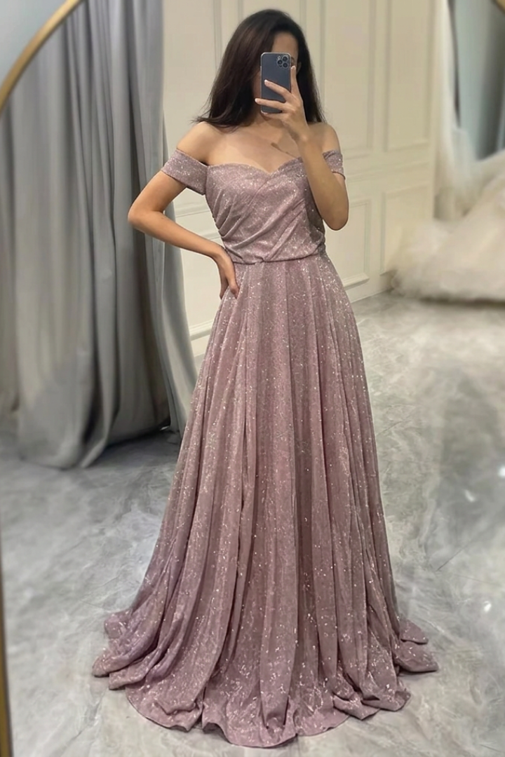 Abigail | Timeless Off-Shoulder Glitter A-Line Holiday Dress