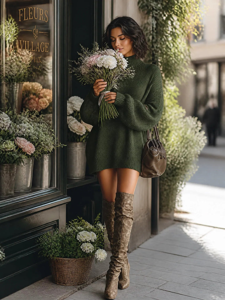 Alexis | Relaxed Mock Neck Sweater Dress with Lantern Sleeves