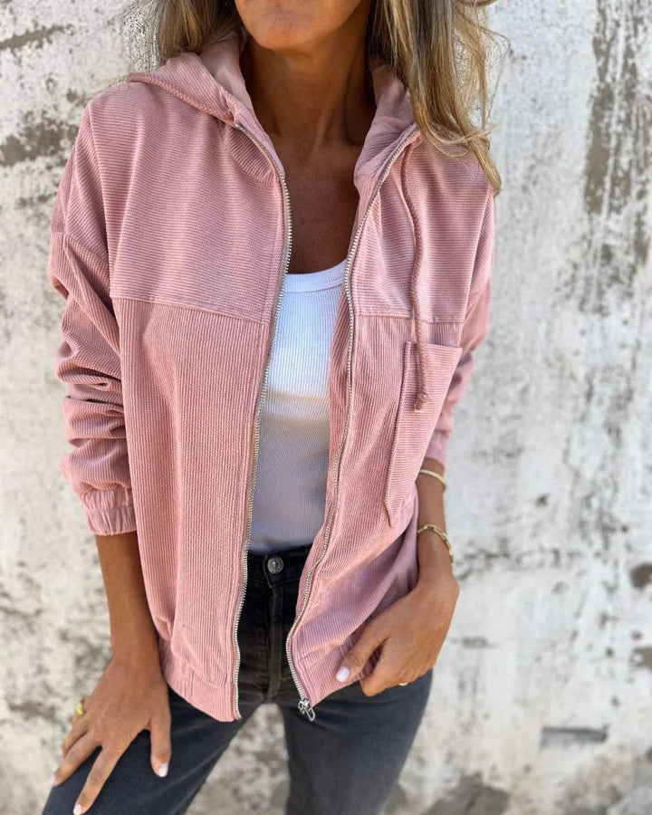 Alexis | Stylish Ribbed Zip-Up Hoodie Jacket with Patch Pocket