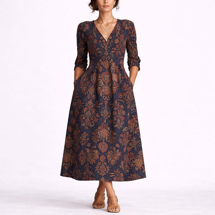 Amber | Graceful Floral V-Neck Midi Christmas Dress