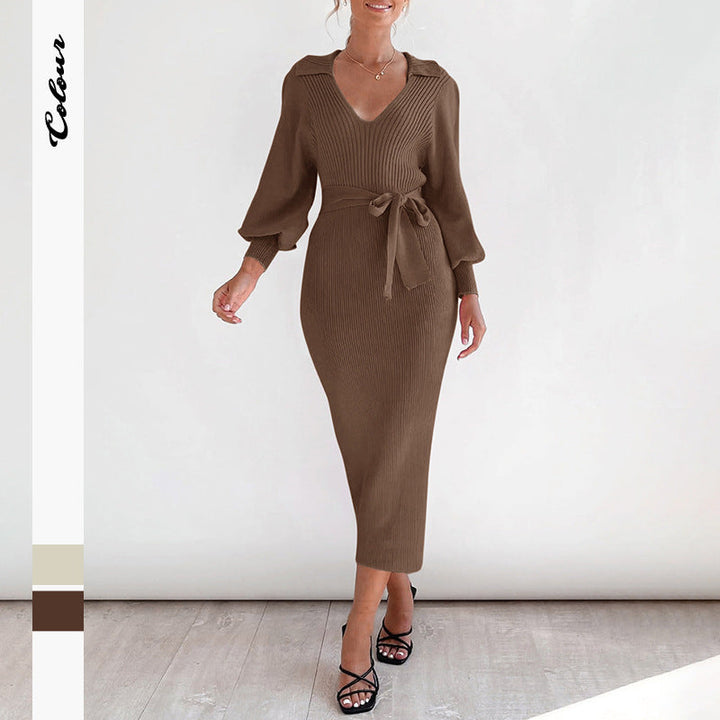 Amber | Relaxed Ribbed Long Sleeve Midi Dress with Tie Belt