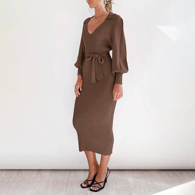 Amber | Relaxed Ribbed Long Sleeve Midi Dress with Tie Belt