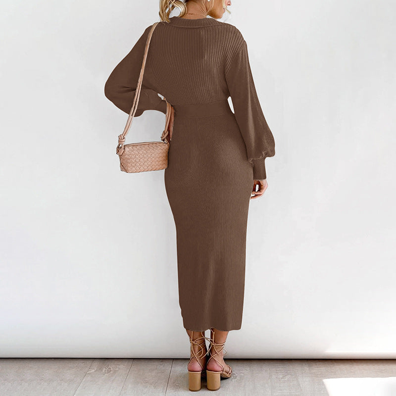 Amber | Relaxed Ribbed Long Sleeve Midi Dress with Tie Belt