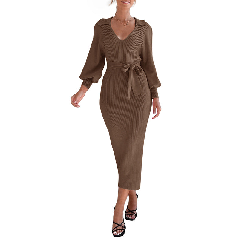 Amber | Relaxed Ribbed Long Sleeve Midi Dress with Tie Belt