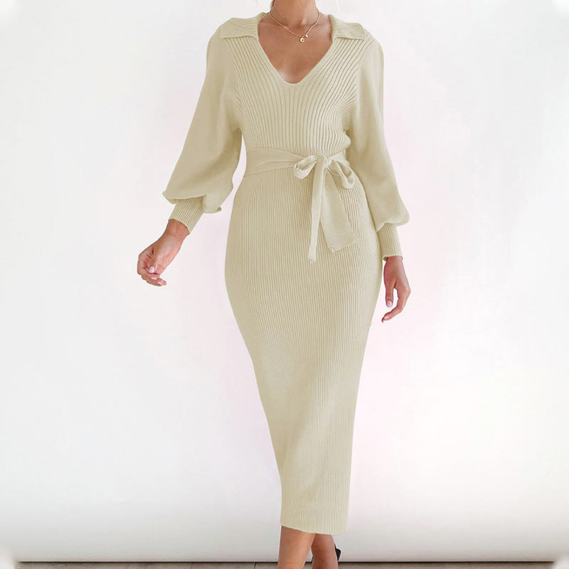 Amber | Relaxed Ribbed Long Sleeve Midi Dress with Tie Belt