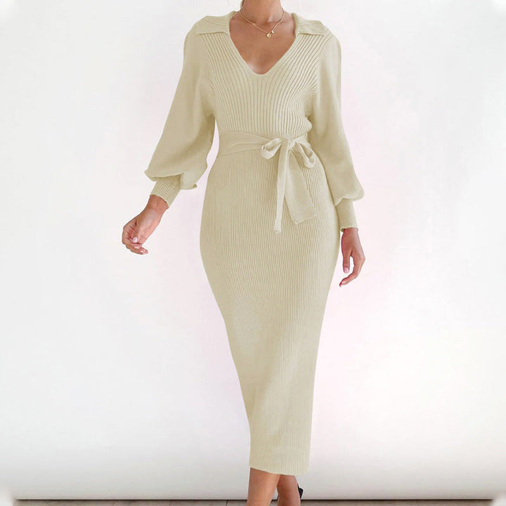 Amber | Relaxed Ribbed Long Sleeve Midi Dress with Tie Belt