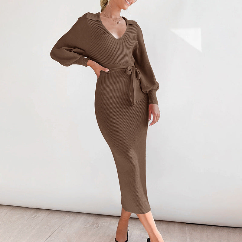 Amber | Relaxed Ribbed Long Sleeve Midi Dress with Tie Belt