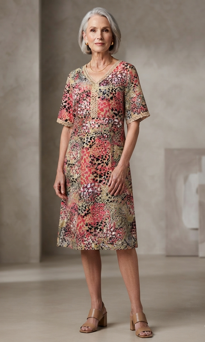 Amy | Chic Printed Holiday Dress with Crochet-Trim V-Neckline
