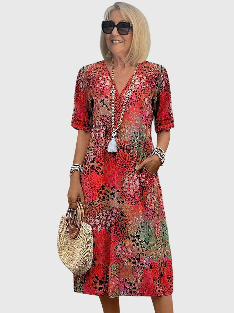 Amy | Chic Printed Holiday Dress with Crochet-Trim V-Neckline