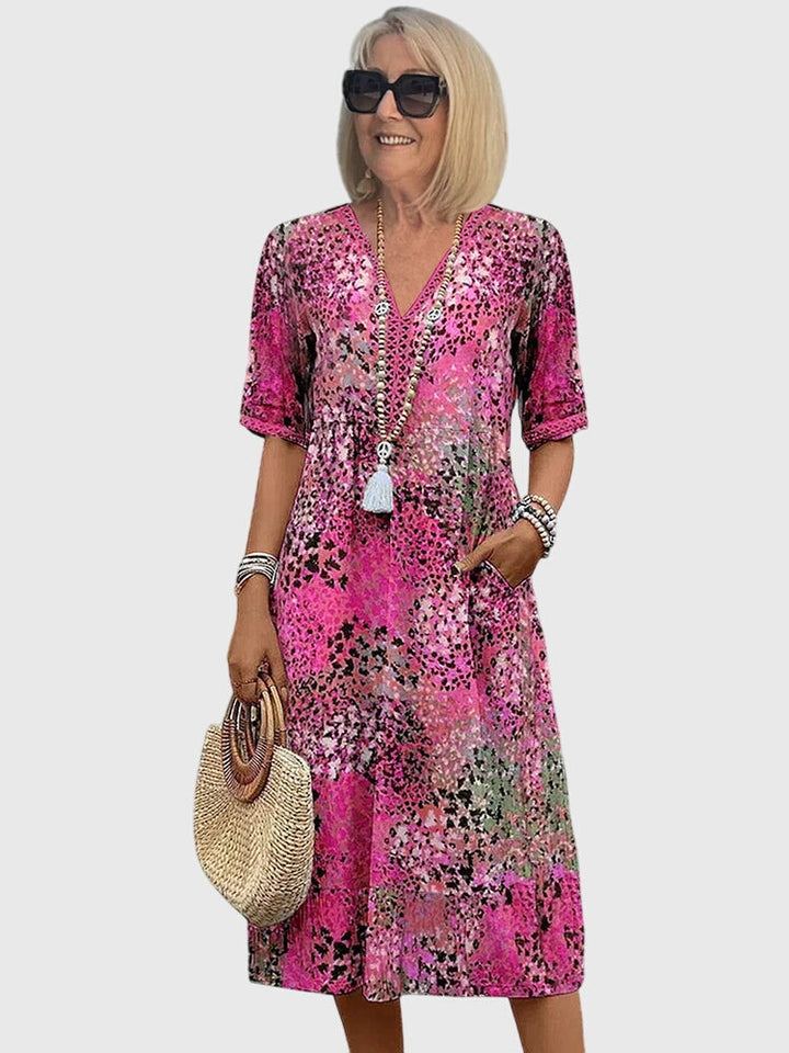 Amy | Chic Printed Holiday Dress with Crochet-Trim V-Neckline