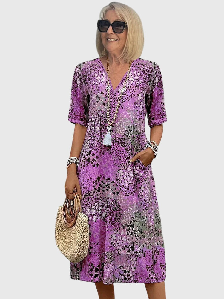 Amy | Chic Printed Holiday Dress with Crochet-Trim V-Neckline