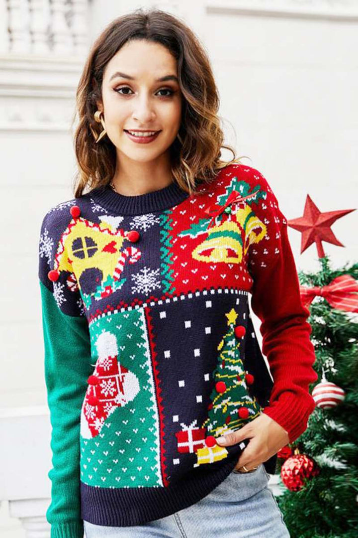 Amy | Cozy Christmas Tree Patchwork Knit Sweater