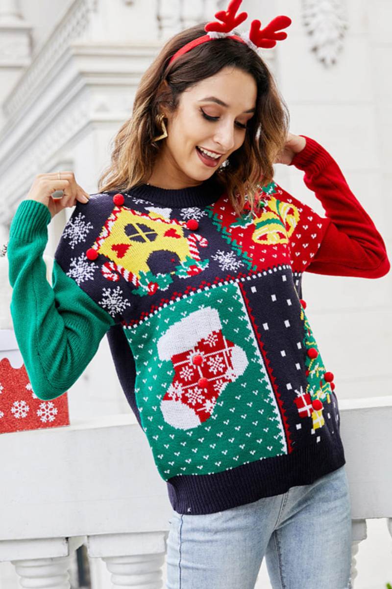 Amy | Cozy Christmas Tree Patchwork Knit Sweater