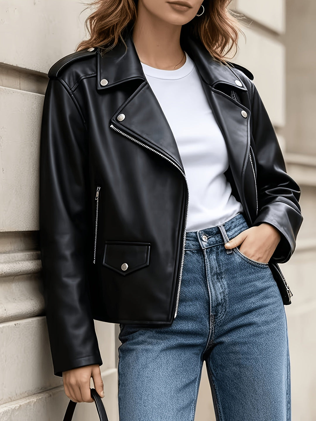 Andrea | Polished Notched Lapel Moto Leather Jacket