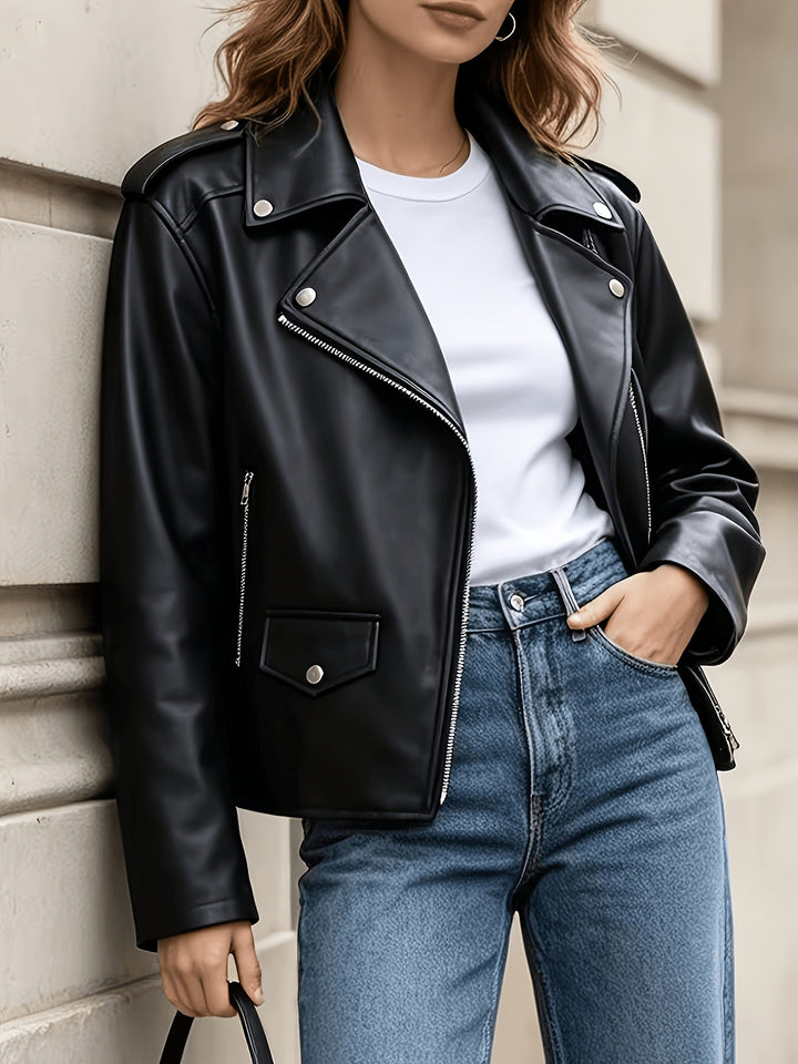 Andrea | Polished Notched Lapel Moto Leather Jacket