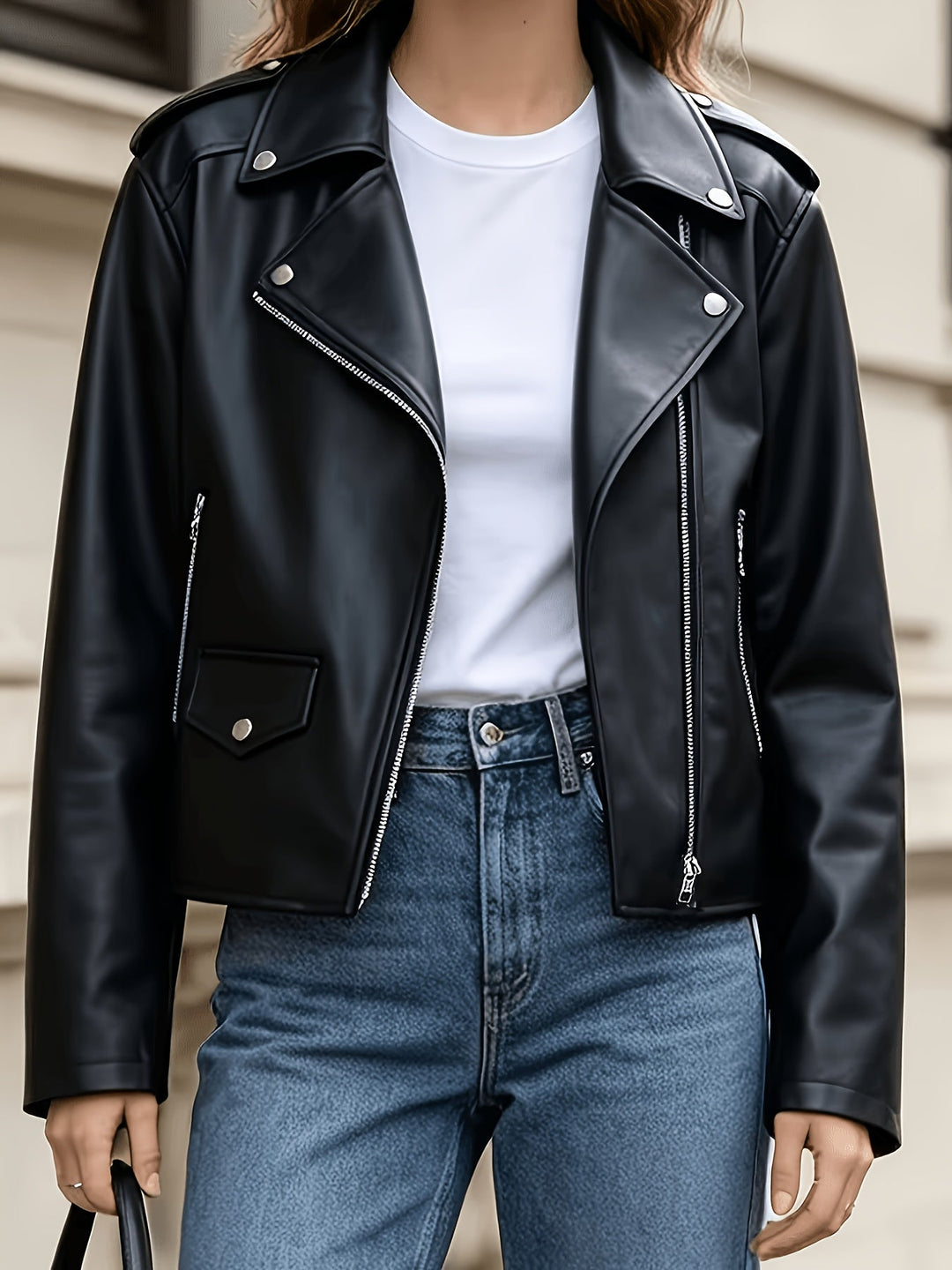 Andrea | Polished Notched Lapel Moto Leather Jacket