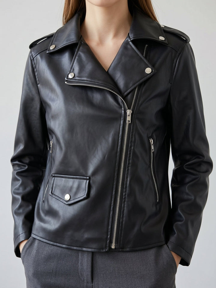 Andrea | Polished Notched Lapel Moto Leather Jacket