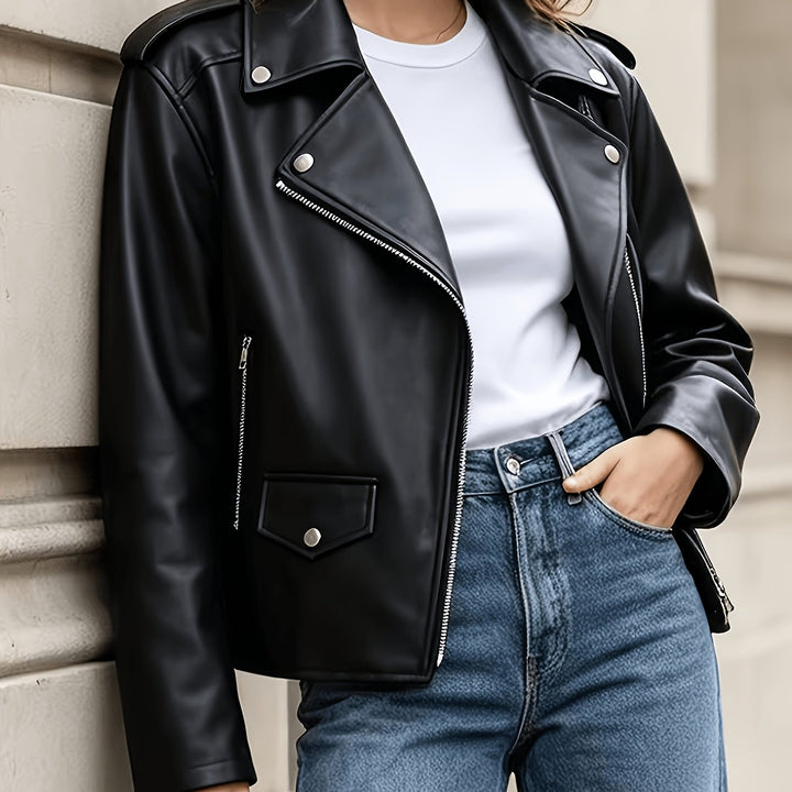 Andrea | Polished Notched Lapel Moto Leather Jacket