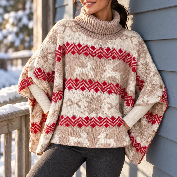 Ann | Reindeer Turtleneck Poncho Christmas Sweater Women