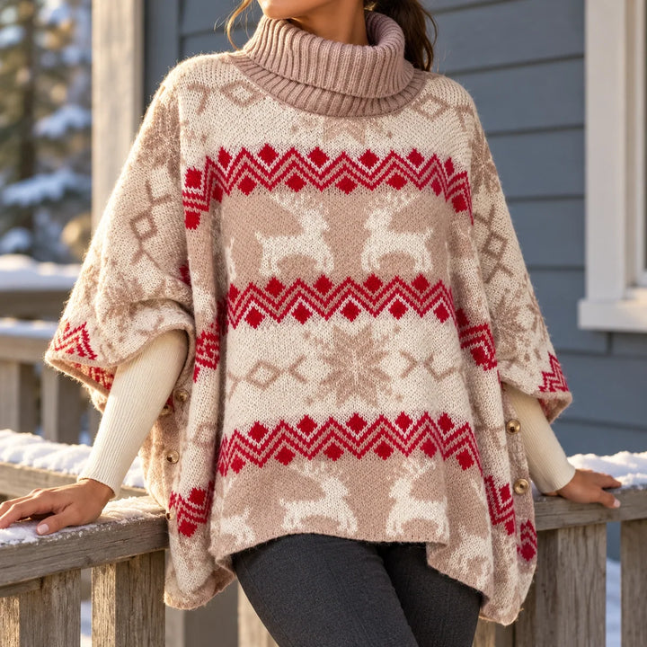 Ann | Reindeer Turtleneck Poncho Christmas Sweater Women