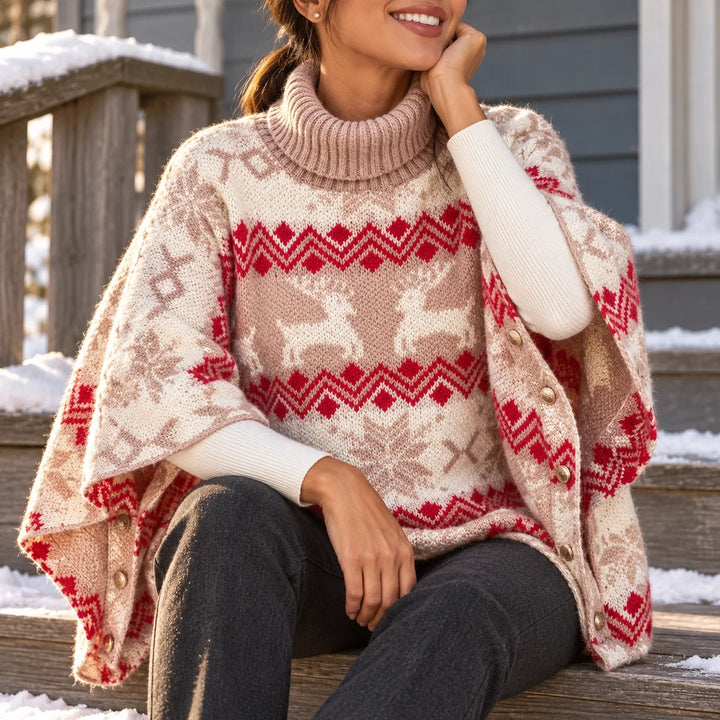 Ann | Reindeer Turtleneck Poncho Christmas Sweater Women