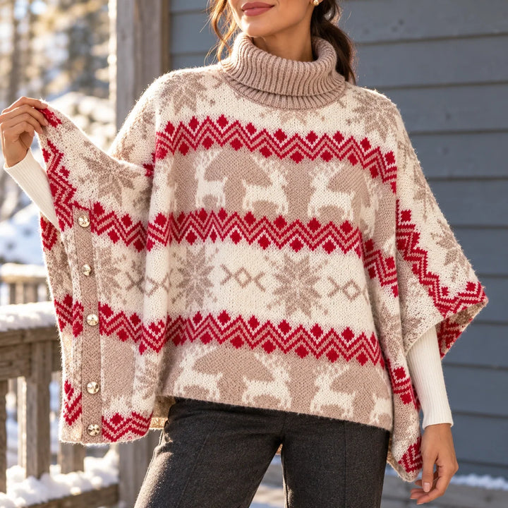 Ann | Reindeer Turtleneck Poncho Christmas Sweater Women