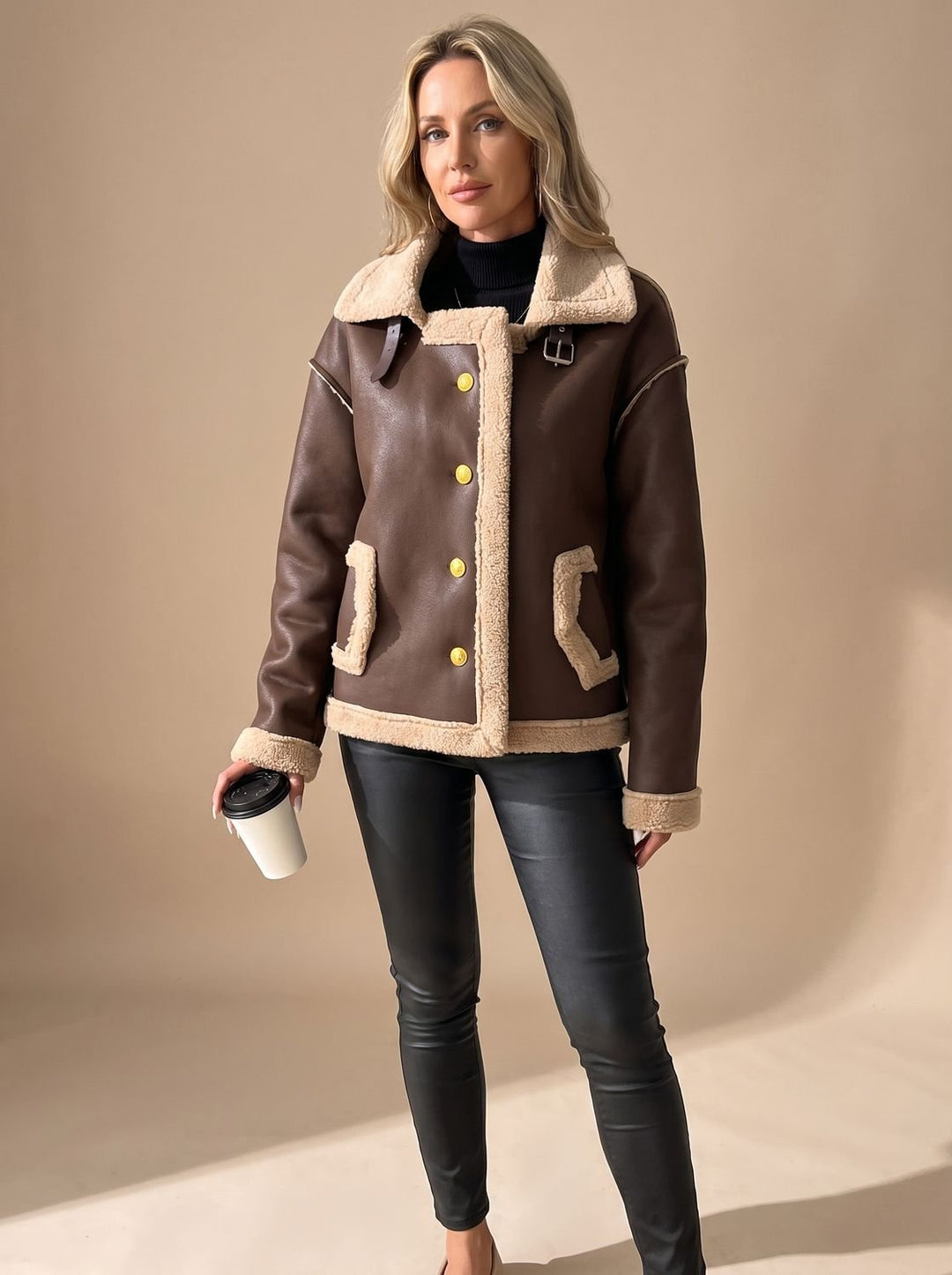 Ann | Sophisticated Button Front Aviator Sherpa Jacket Women