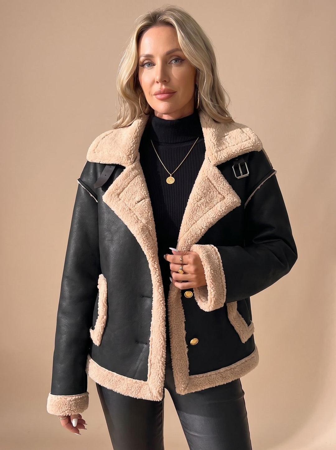 Ann | Sophisticated Button Front Aviator Sherpa Jacket Women