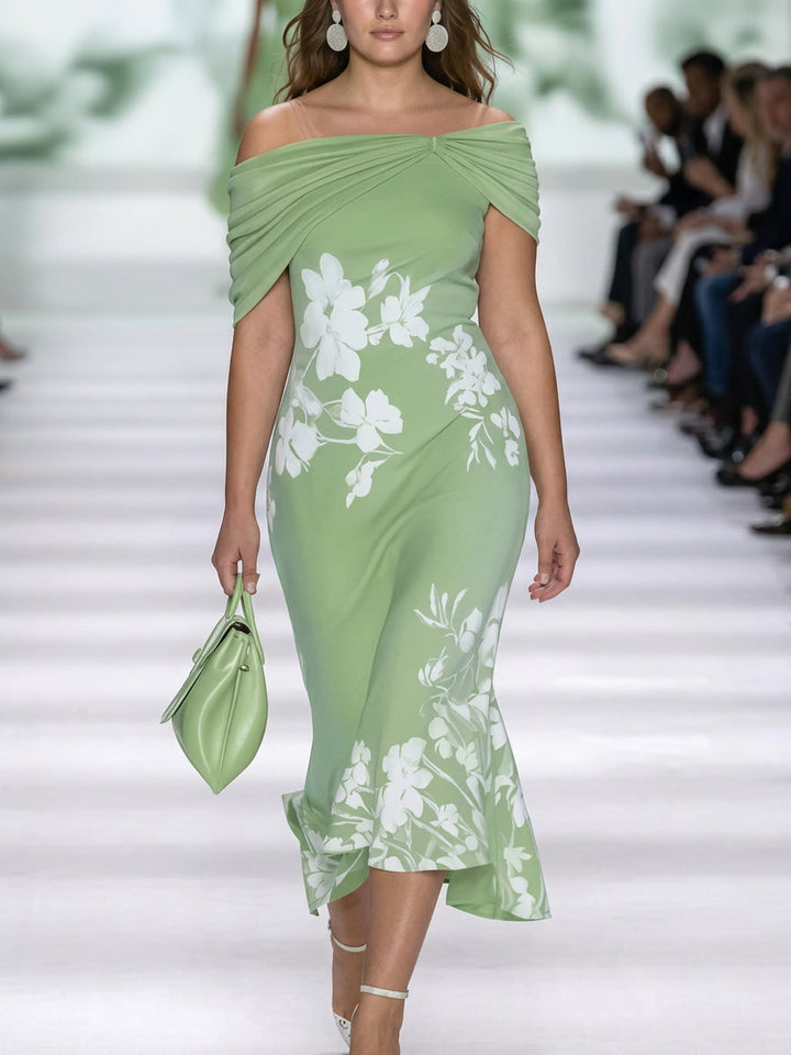 Ann | Sophisticated Floral Print Off-Shoulder Holiday Midi Dress