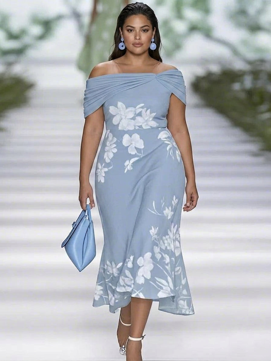 Ann | Sophisticated Floral Print Off-Shoulder Holiday Midi Dress