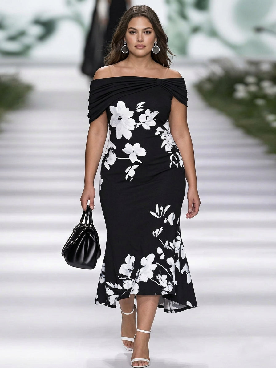 Ann | Sophisticated Floral Print Off-Shoulder Holiday Midi Dress